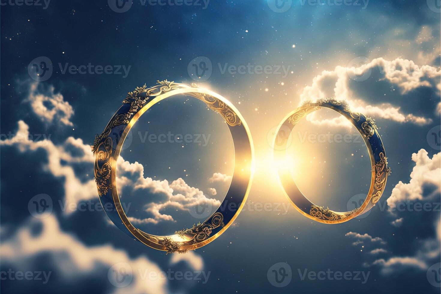 uma par do ouro Casamento argolas flutuando dentro a céu. dois Casamento argolas flutuando dentro a nuvens com uma Sol dentro a fundo e uma azul céu com nuvens abaixo eles. generativo ai. Casamento conceito. foto