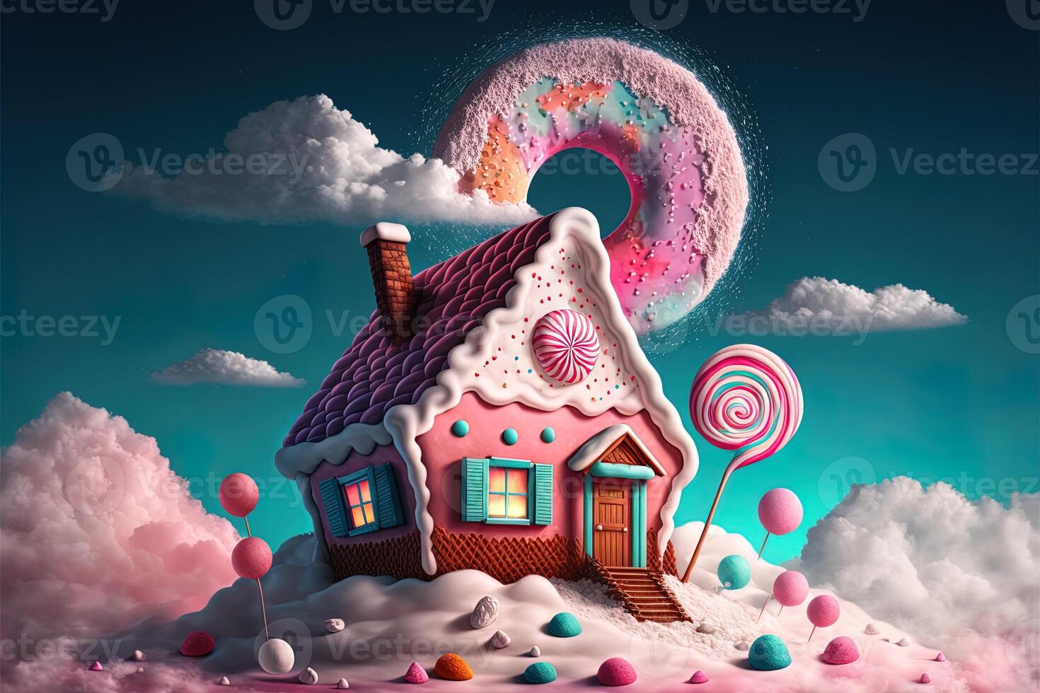 Natal decorações com colorida Pão de gengibre Rosa casa e colorida doce em branco nuvem. inverno feriados Novo ano e natal composição. surpreendente fada Natal casa. generativo ai foto