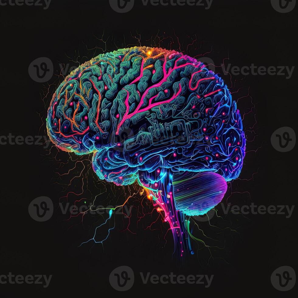 generativo ai cérebro arte nft néon e cyberpunk cor, holografia, cósmico fundo, brilhando digital cérebro ai inteligência formando digitalizado neurônios artificial inteligência arte algoritmo. foto
