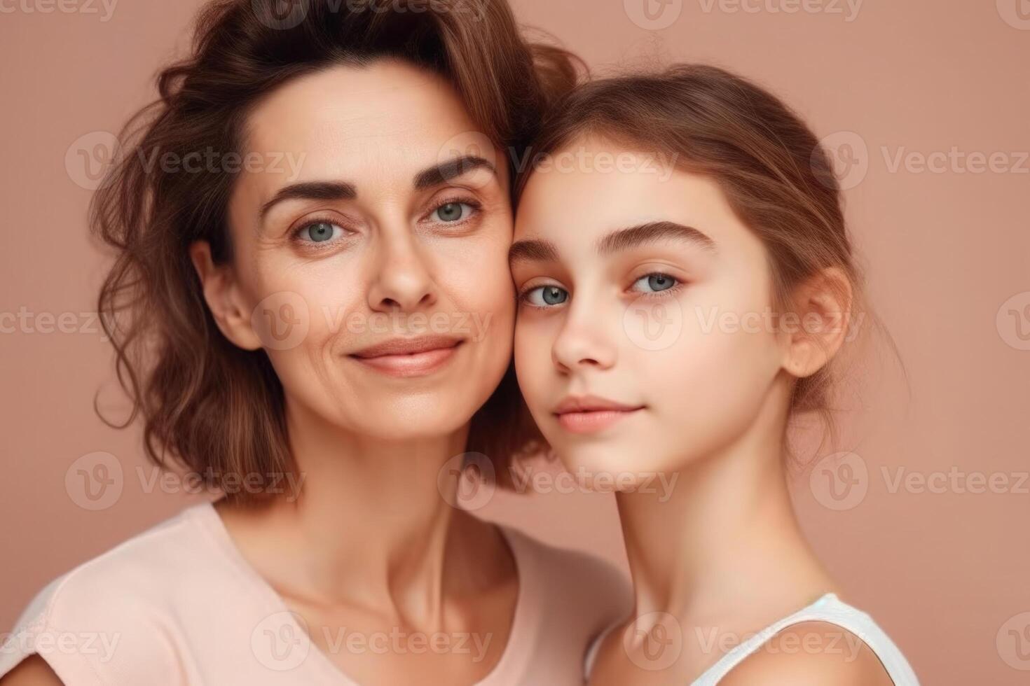 mãe e filha retrato em Rosa fundo. generativo ai foto