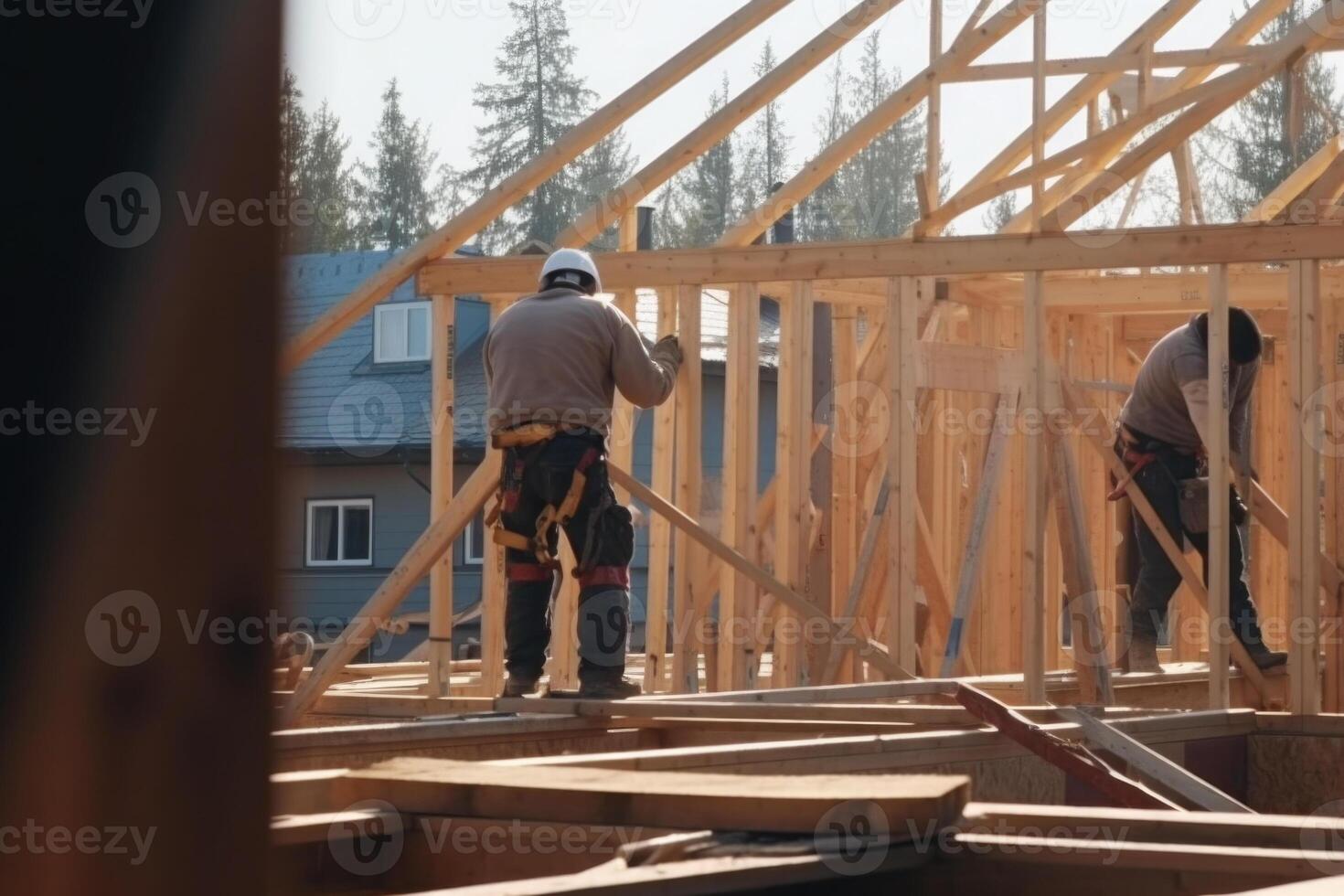 Novo casa construção. de madeira quadro, Armação com treliça, postar e feixes. generativo ai foto