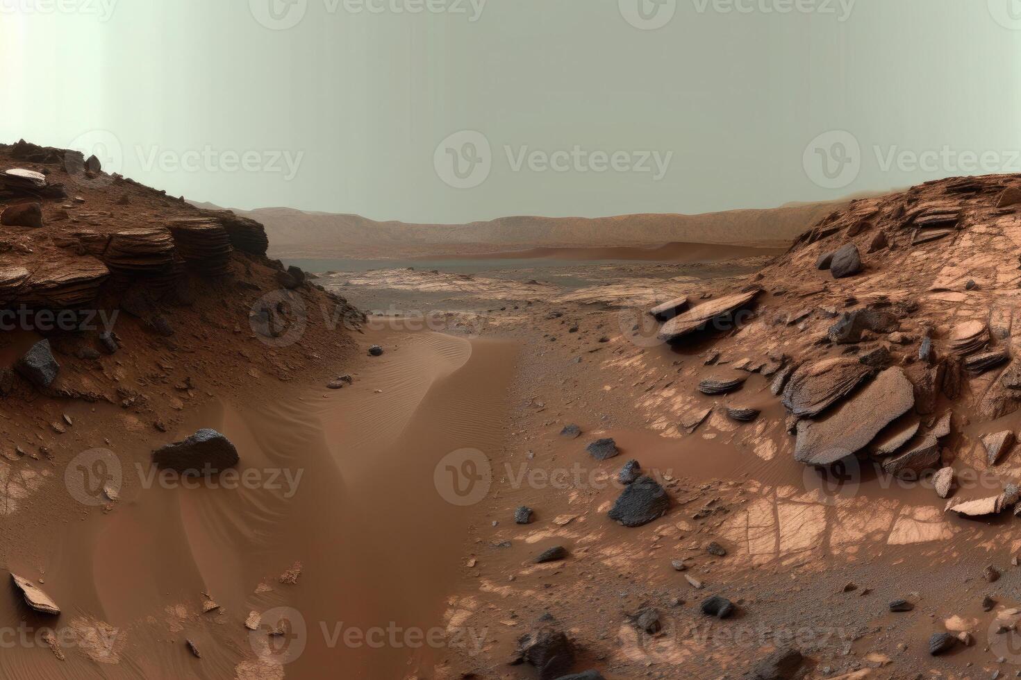 vermelho planeta panorama com água dentro solo. Marte colonização. generativo ai foto