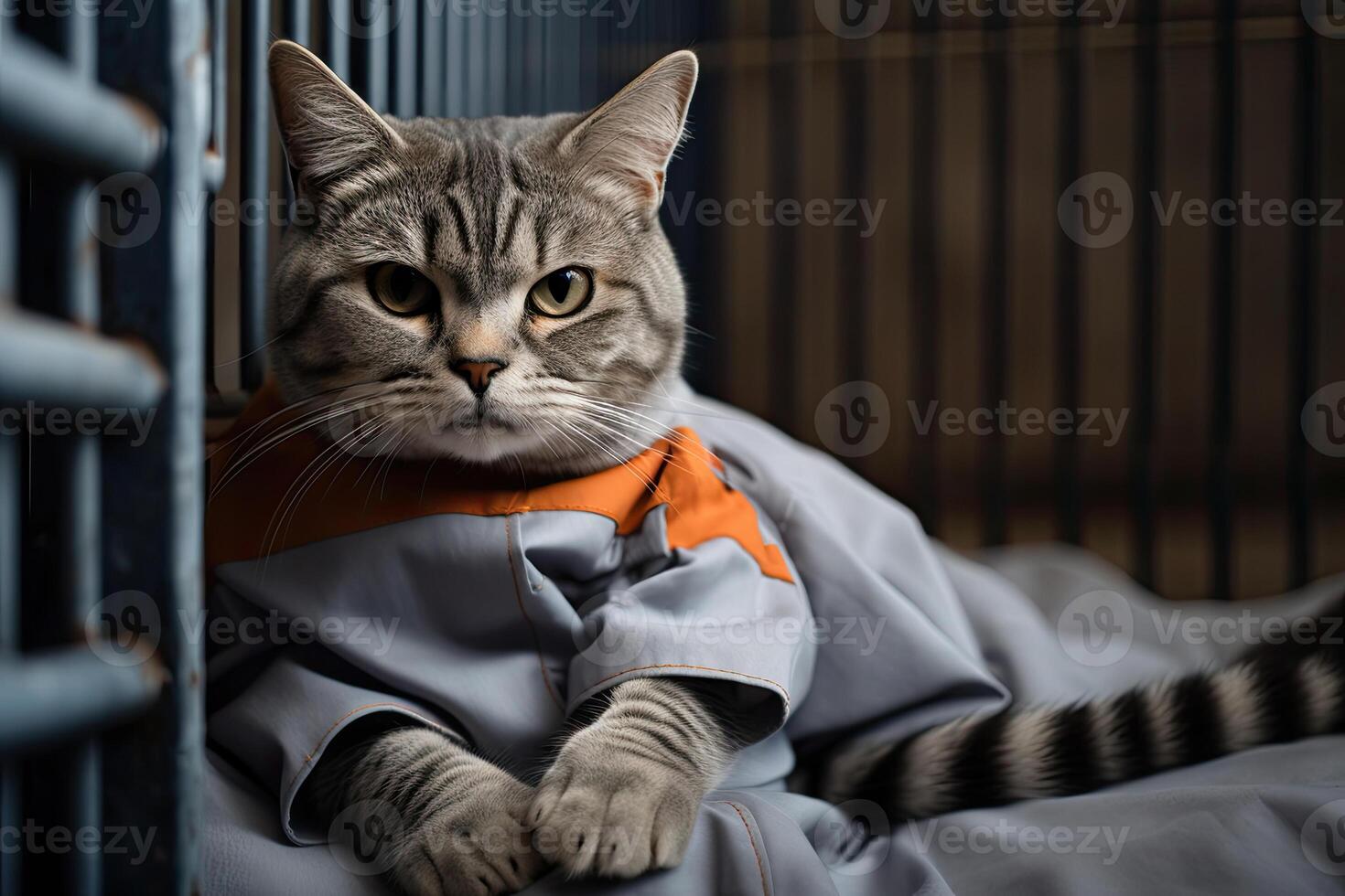 gato dentro prisioneiro traje dentro prisão jaula. generativo ai foto
