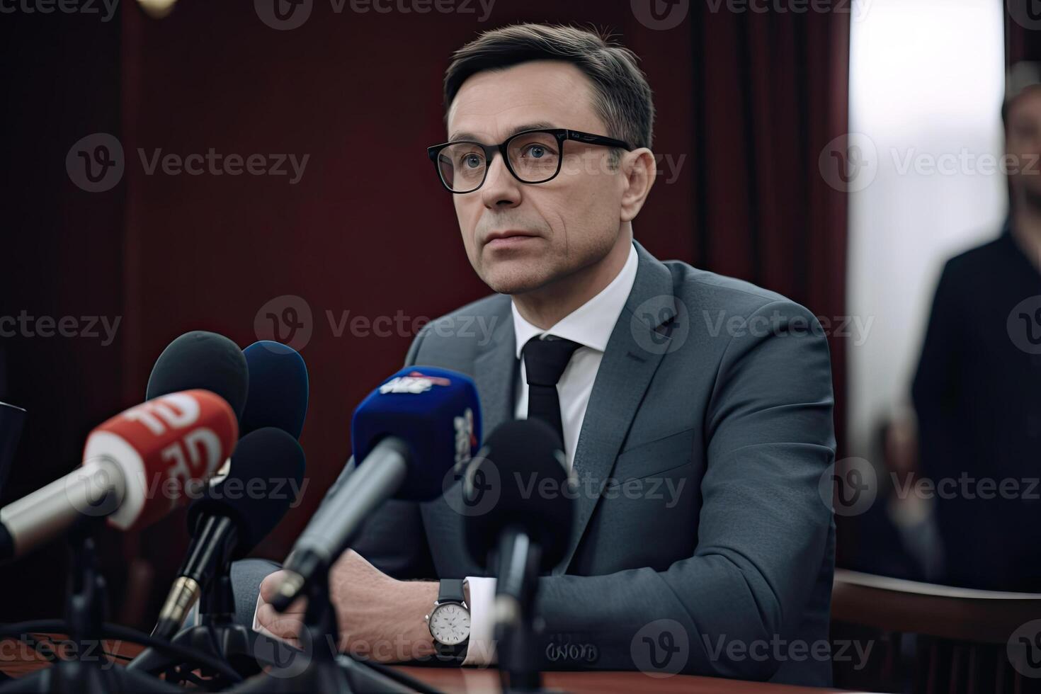 político dando discurso às pressione conferência. generativo ai foto