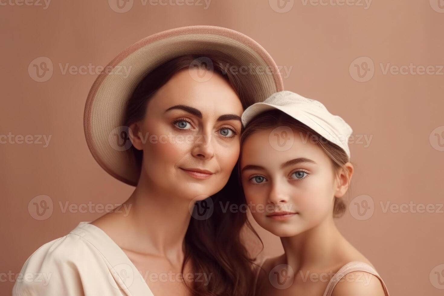 mãe e filha retrato em Rosa fundo. generativo ai foto