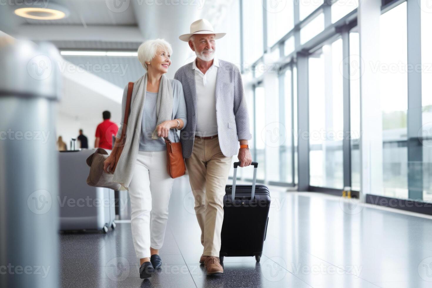 Senior casal às aeroporto terminal. viagem conceito. generativo ai foto