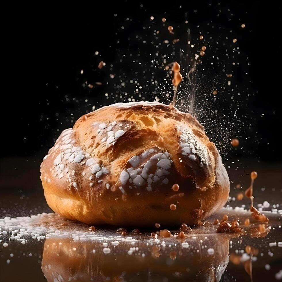 queda rosquinhas em Preto fundo com queda café feijões e salpicos, ai generativo imagem foto