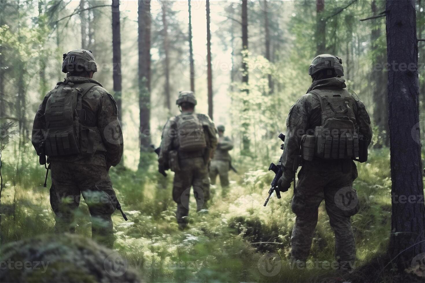 costas do grupo soldados dentro profundo floresta. especial forças guerra Operação. generativo ai. foto