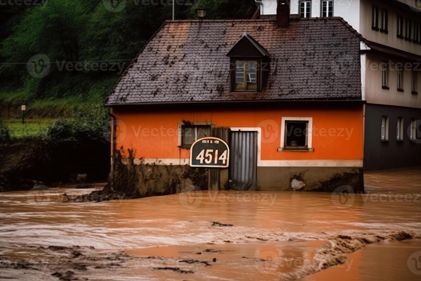 wso246 avisa a criançalaranja Schild haus Eu estou Hochwasser g4476. ai gerado foto