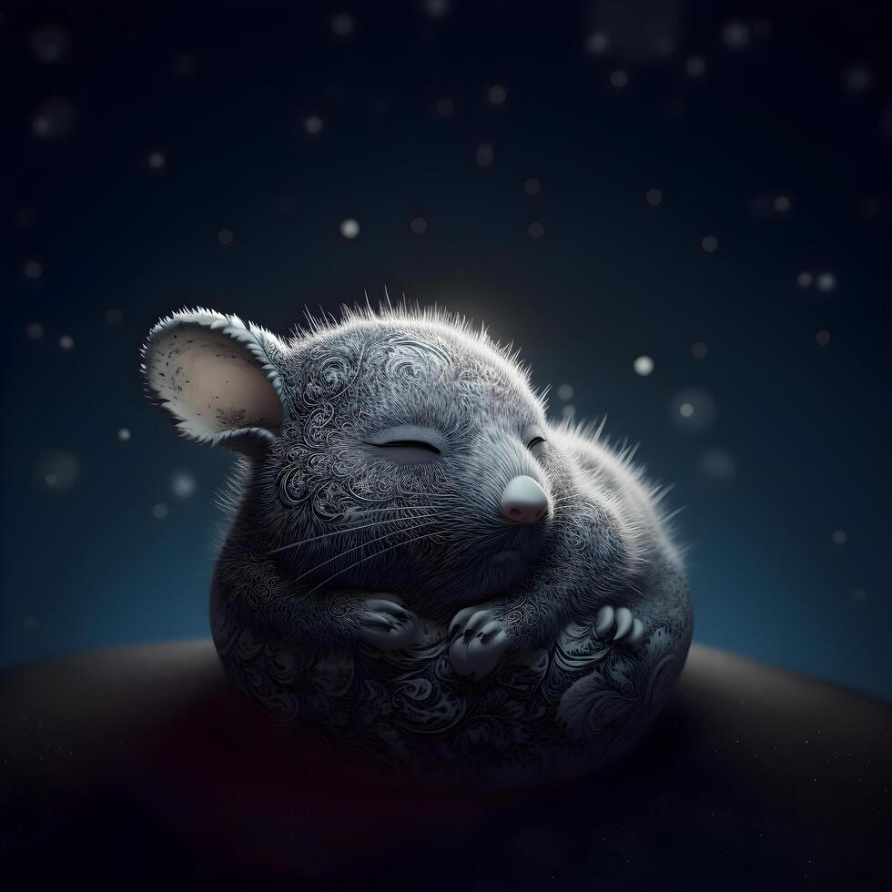 3d ilustração do uma cinzento rato em uma Sombrio fundo com estrelas, ai generativo imagem foto