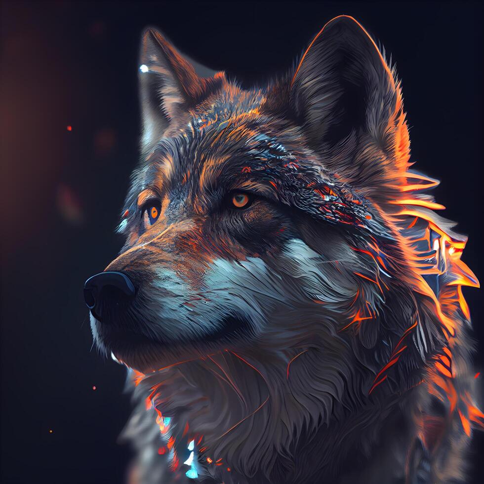 retrato do uma Lobo em uma Preto fundo. digital pintura., ai generativo imagem foto