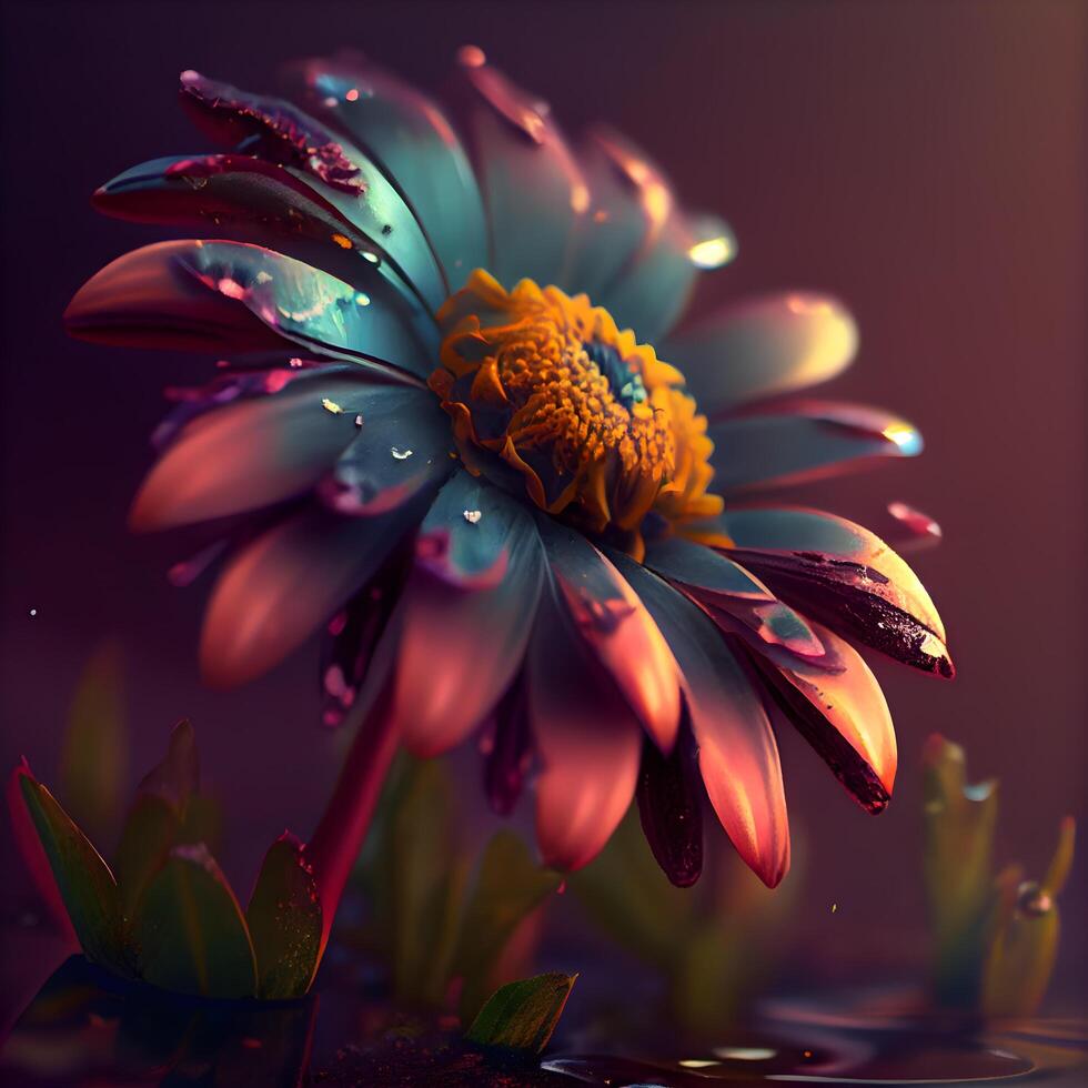 lindo colorida gerbera flor com orvalho gotas em Sombrio fundo, ai generativo imagem foto