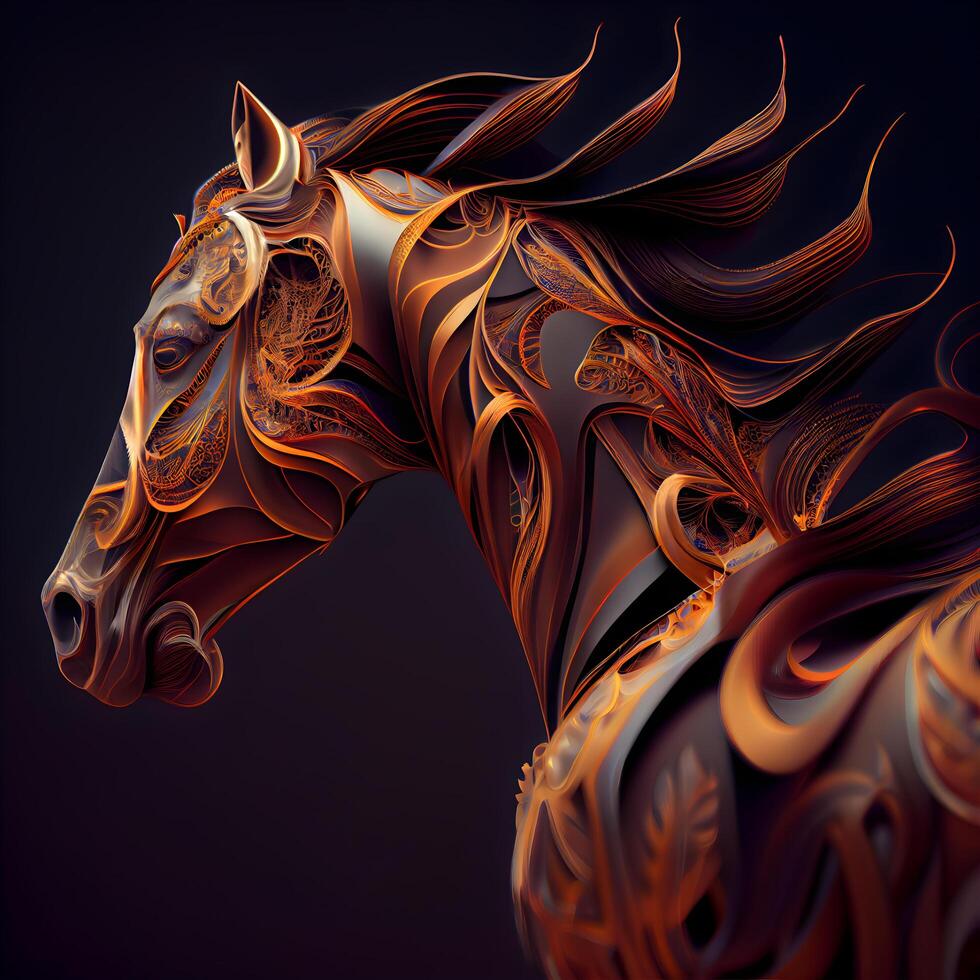 cavalo cabeça com abstrato padronizar em Preto fundo. 3d Renderização, ai generativo imagem foto