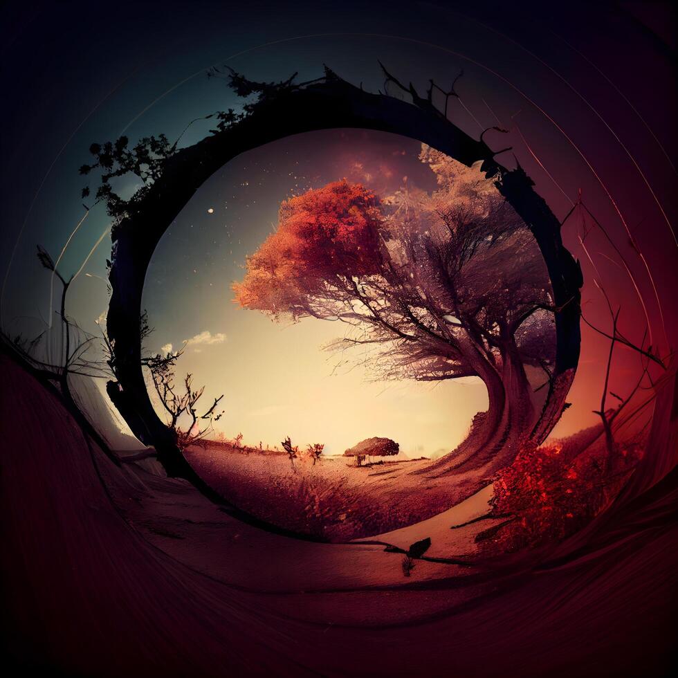fantasia panorama com árvores e pássaros dentro a Formato do uma círculo, ai generativo imagem foto