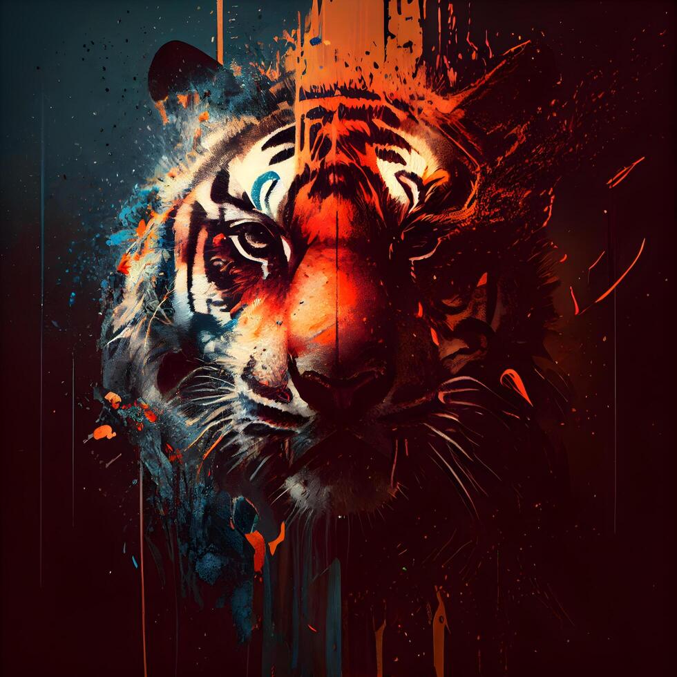 tigre face arte ilustração com grunge efeito e colorida salpicos, ai generativo imagem foto