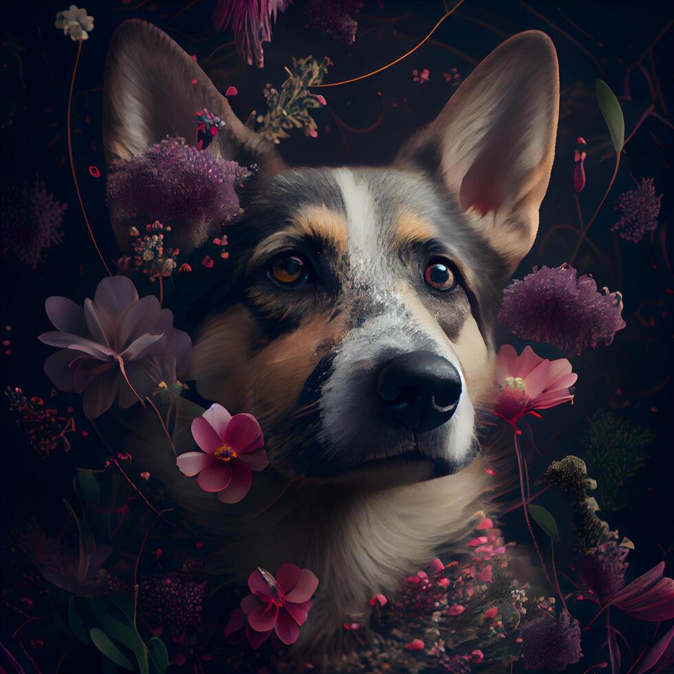 retrato do uma fofa corgi cachorro com flores em uma Sombrio fundo, ai generativo imagem foto