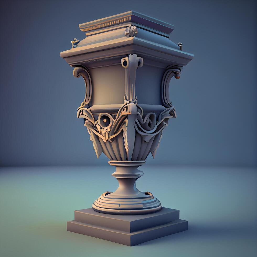 prata troféu copo em uma azul fundo. 3d render ilustração., ai generativo imagem foto