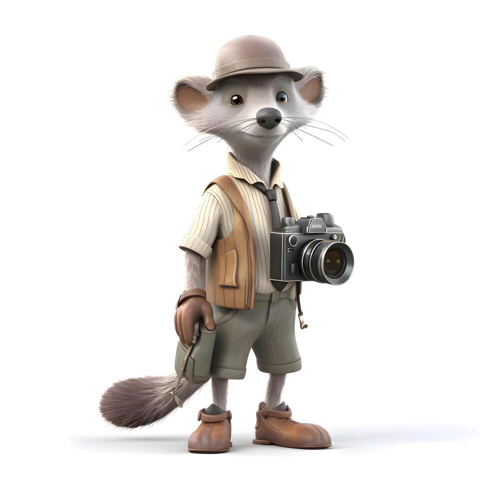 3d render do uma gato caçador com uma Câmera em branco fundo, ai generativo imagem foto