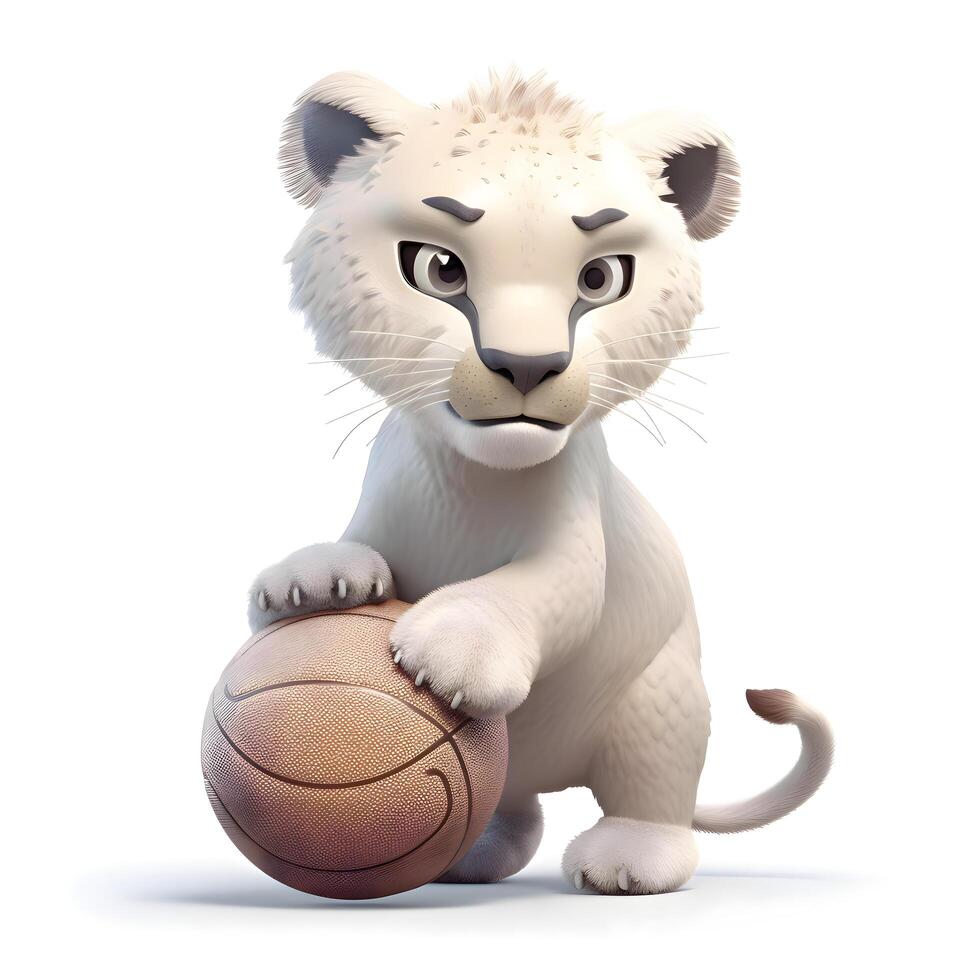 3d Renderização do uma branco leão com uma basquetebol isolado em branco fundo, ai generativo imagem foto