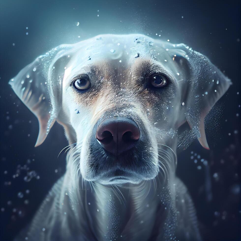 retrato do uma labrador retriever cachorro com neve em Está cabeça, ai generativo imagem foto