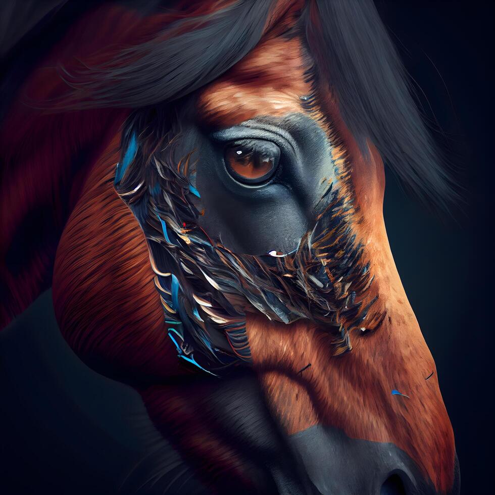 cavalo cabeça com azul e vermelho penas em uma Preto fundo., ai generativo imagem foto