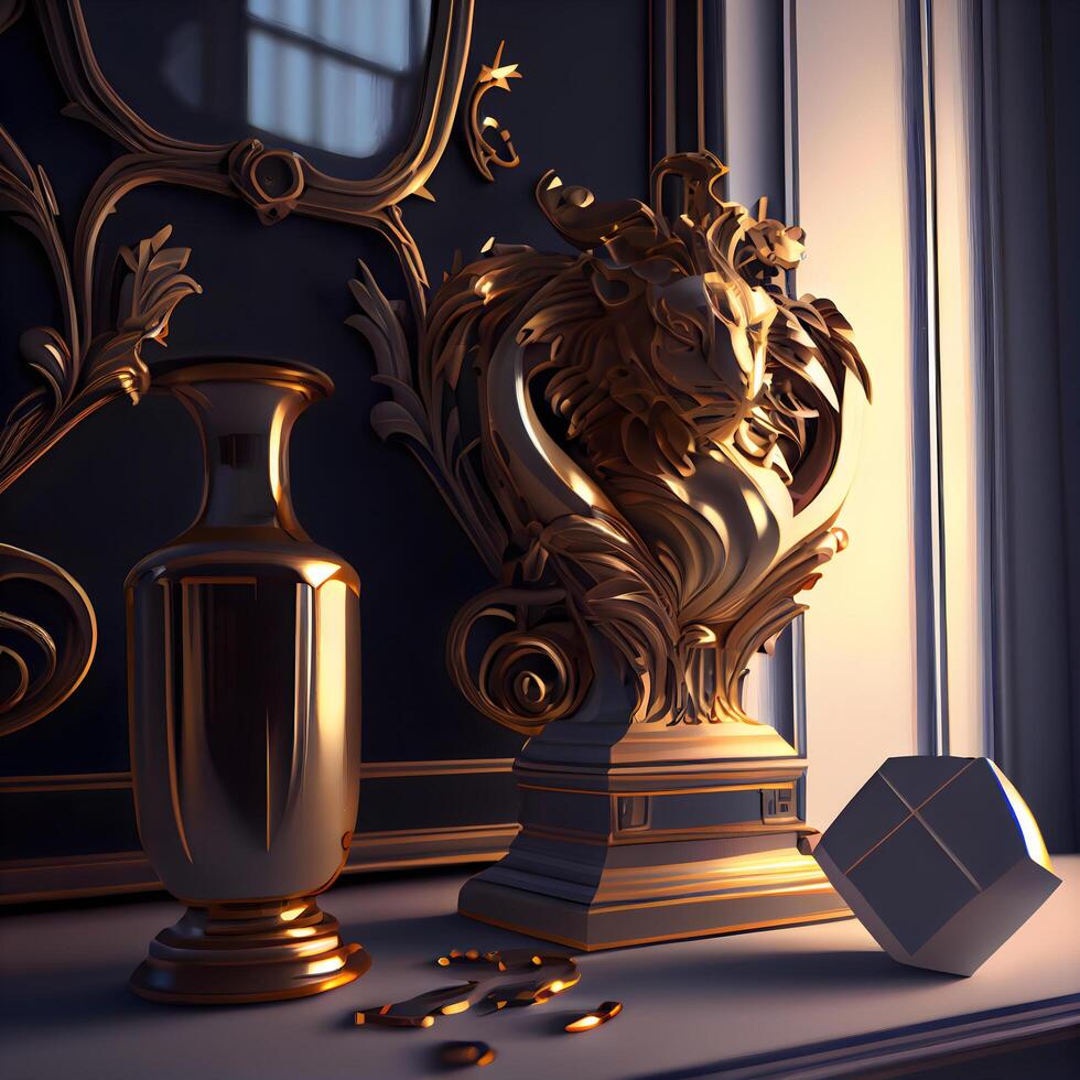 leão estátua e dourado vaso dentro a interior. 3d renderizar, ai generativo imagem foto