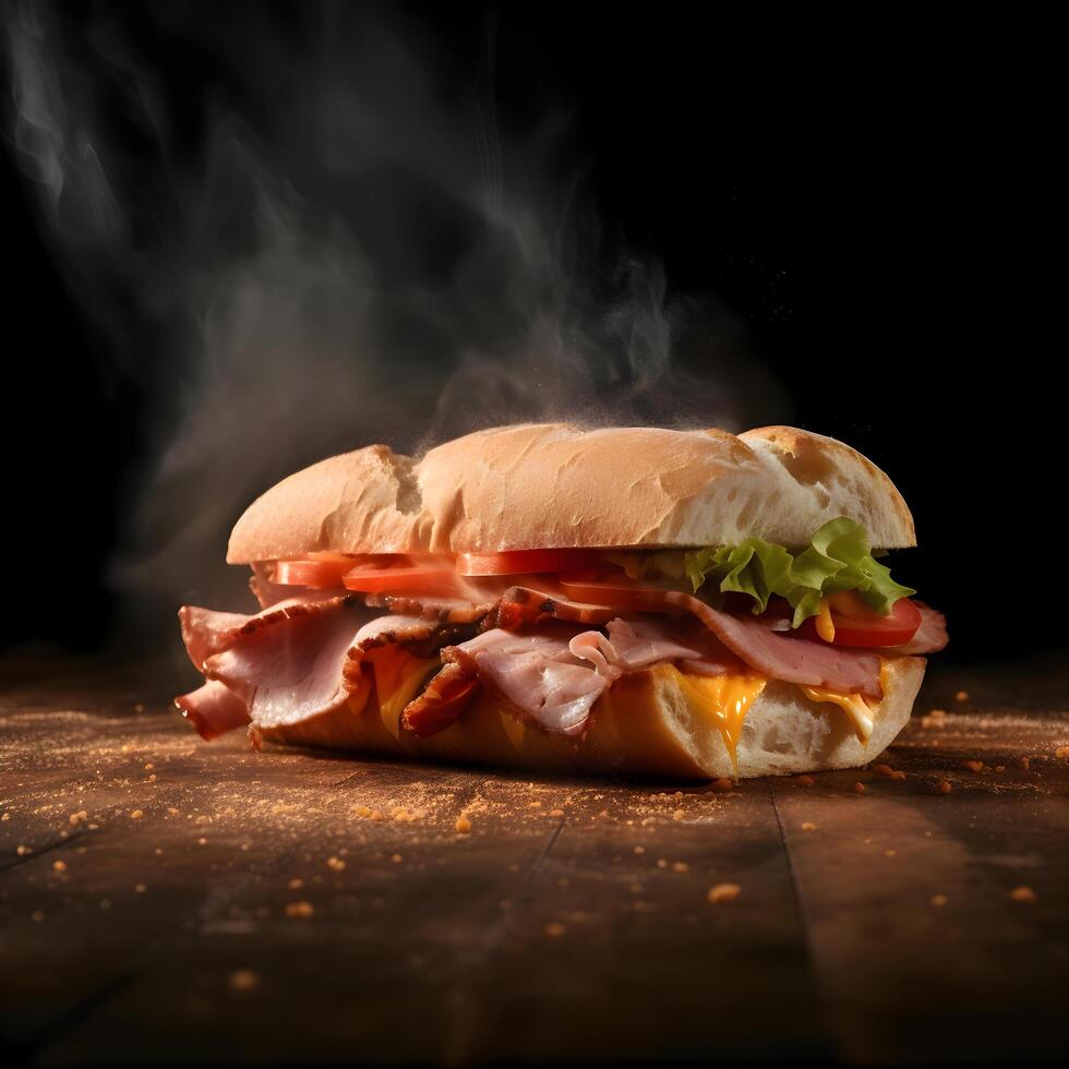 sanduíche com presunto, queijo, tomate e alface em Preto fundo, ai generativo imagem foto