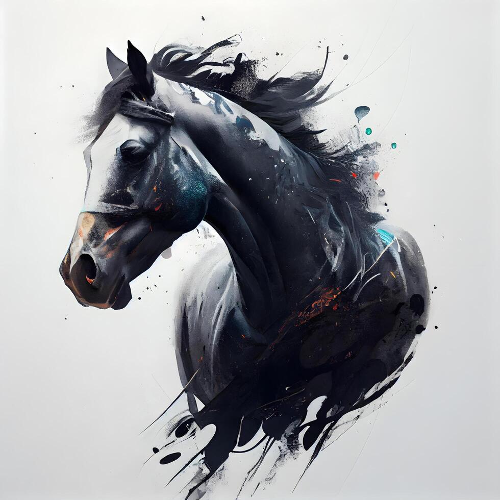 cavalo com Preto juba e pintura salpicos em branco fundo, ai generativo imagem foto