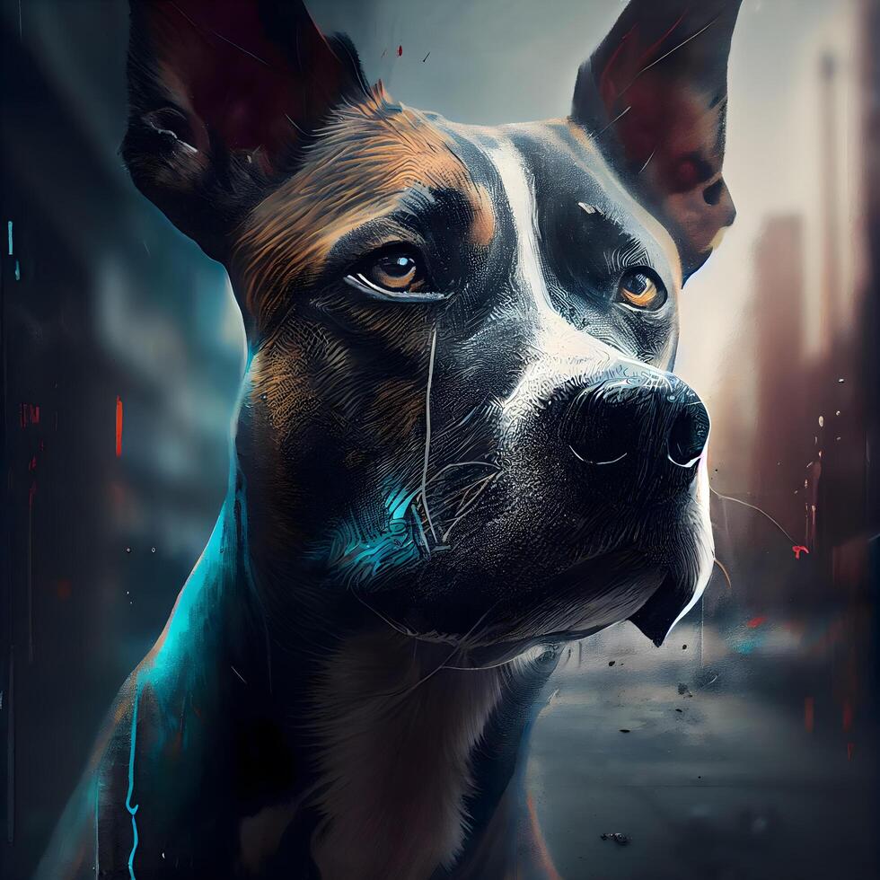 retrato do uma cachorro em uma fundo do a cidade. digital pintura., ai generativo imagem foto