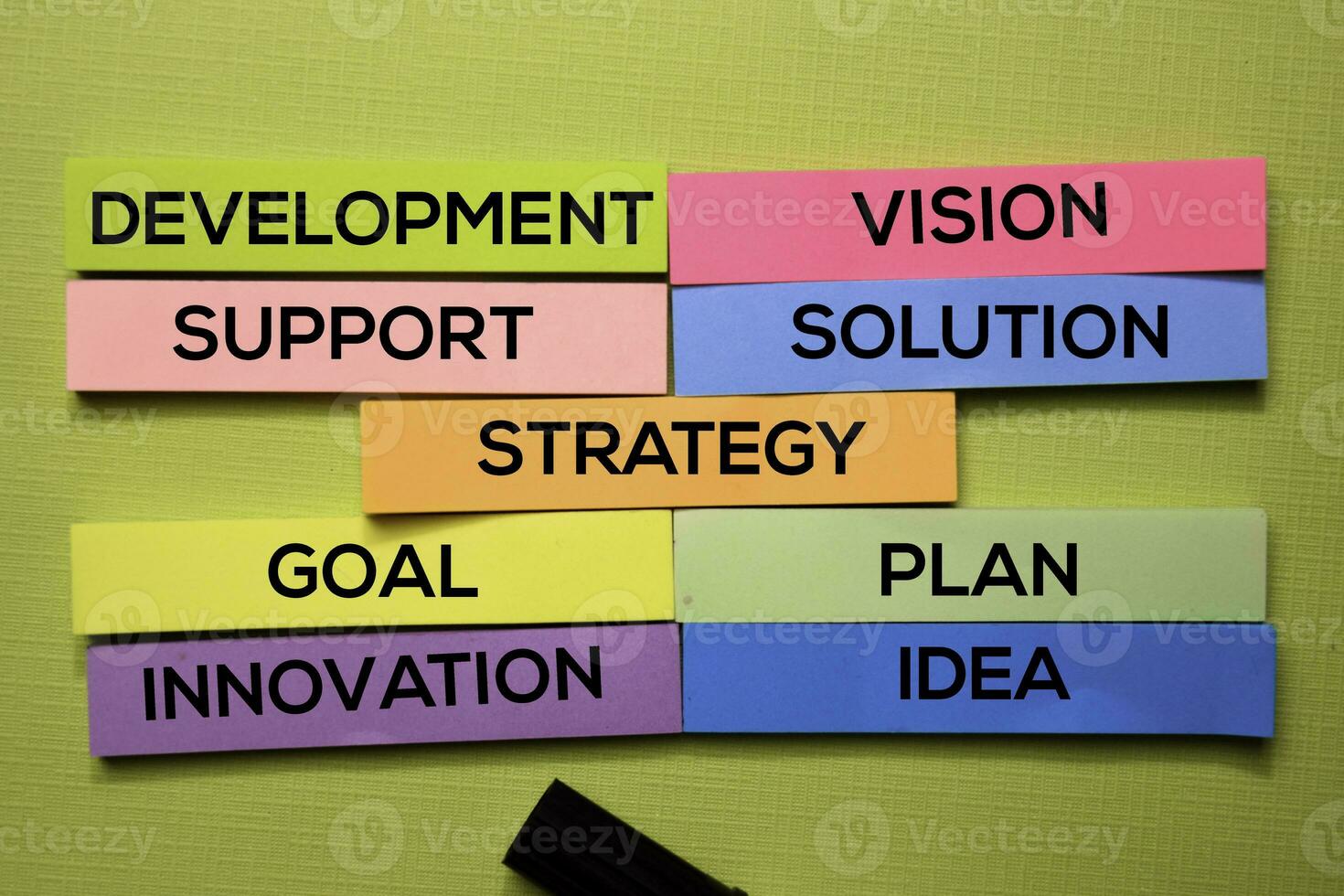 estratégia, desenvolvimento, apoiar, visão, solução, meta, plano, ideia, inovação texto em pegajoso notas isolado em verde escrivaninha. mecanismo estratégia conceito foto