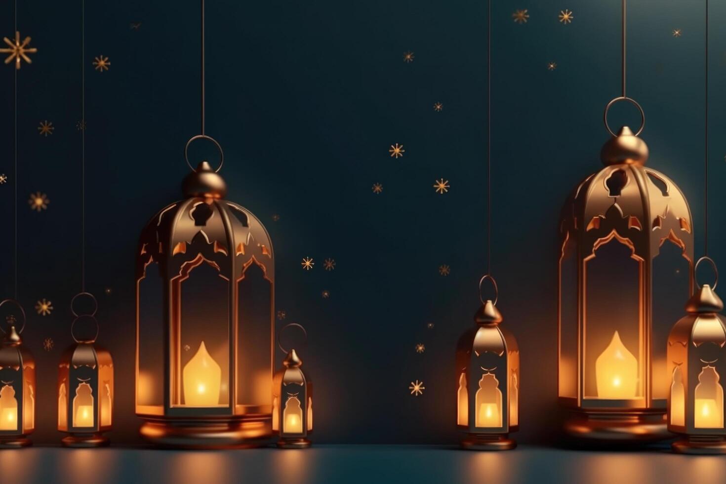 lanterna islâmico , eid mubarak, eid al adha bandeira ilustração ai generativo foto