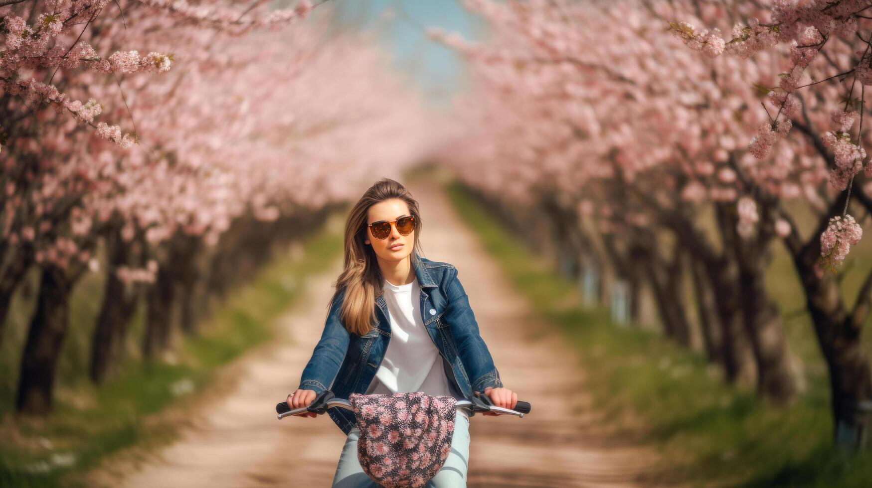 menina passeios bicicleta dentro sakura parque. ilustração ai generativo foto