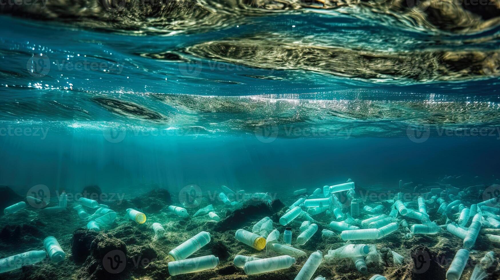 embaixo da agua Visão do uma animal garrafas em a solo oceânico. gerado ai. foto