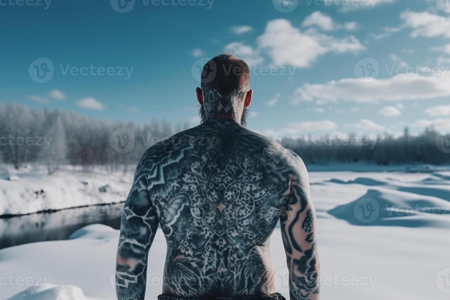 islandês homem com dele costas coberto dentro tatuagens lado de fora dentro congeladas inverno. ai gerado foto