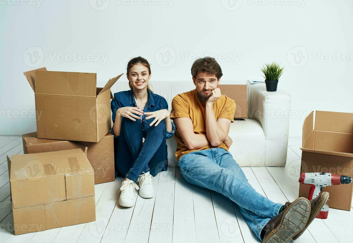 assistindo televisão casado casal homem e mulher em a sofá e uma flor dentro uma Panela foto