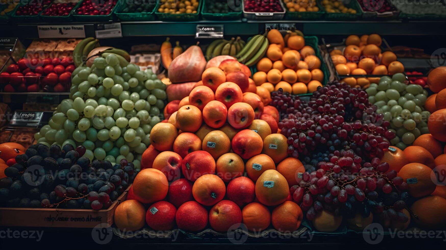 uma coleção do frutas em uma supermercado estante ,fresco fruta produtos dentro a Shopping , generativo ai foto