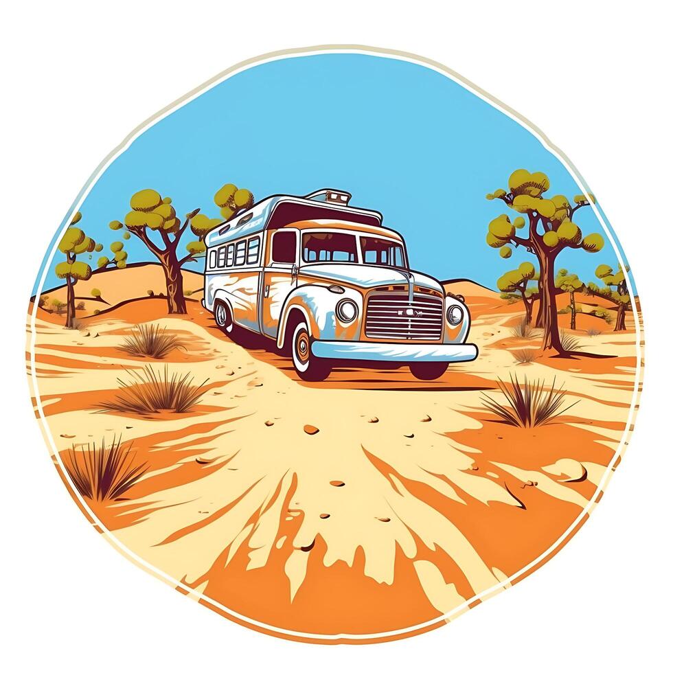 a ilustração do uma ônibus dentro a deserto com branco fundo generativo ai foto