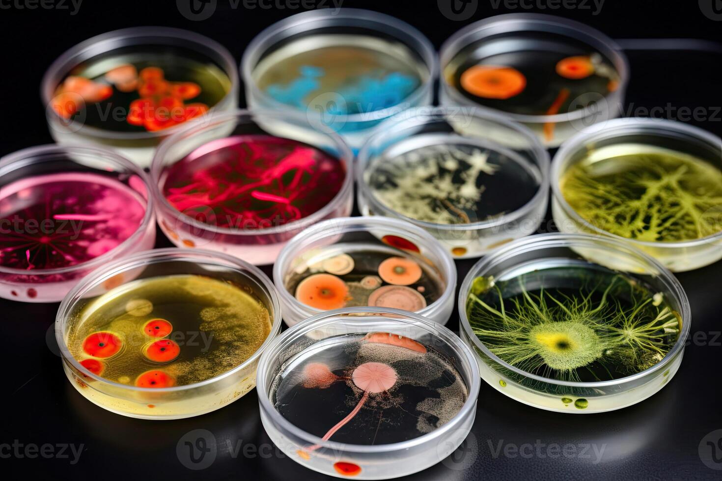 colorida variedade do microrganismo dentro petri prato prato dentro laboratório com super macro ampliação fundo, Incluindo do bactérias, protozoários, algas, e fungos, com generativo ai. foto