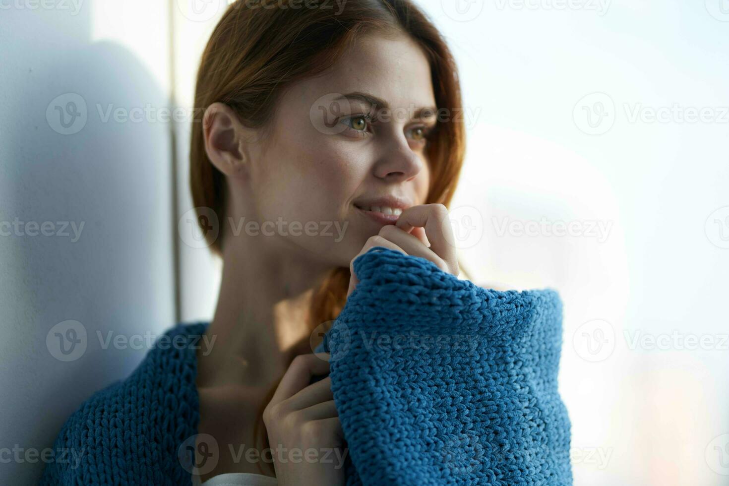 bonita mulher atraente Veja com uma azul xadrez manhã foto