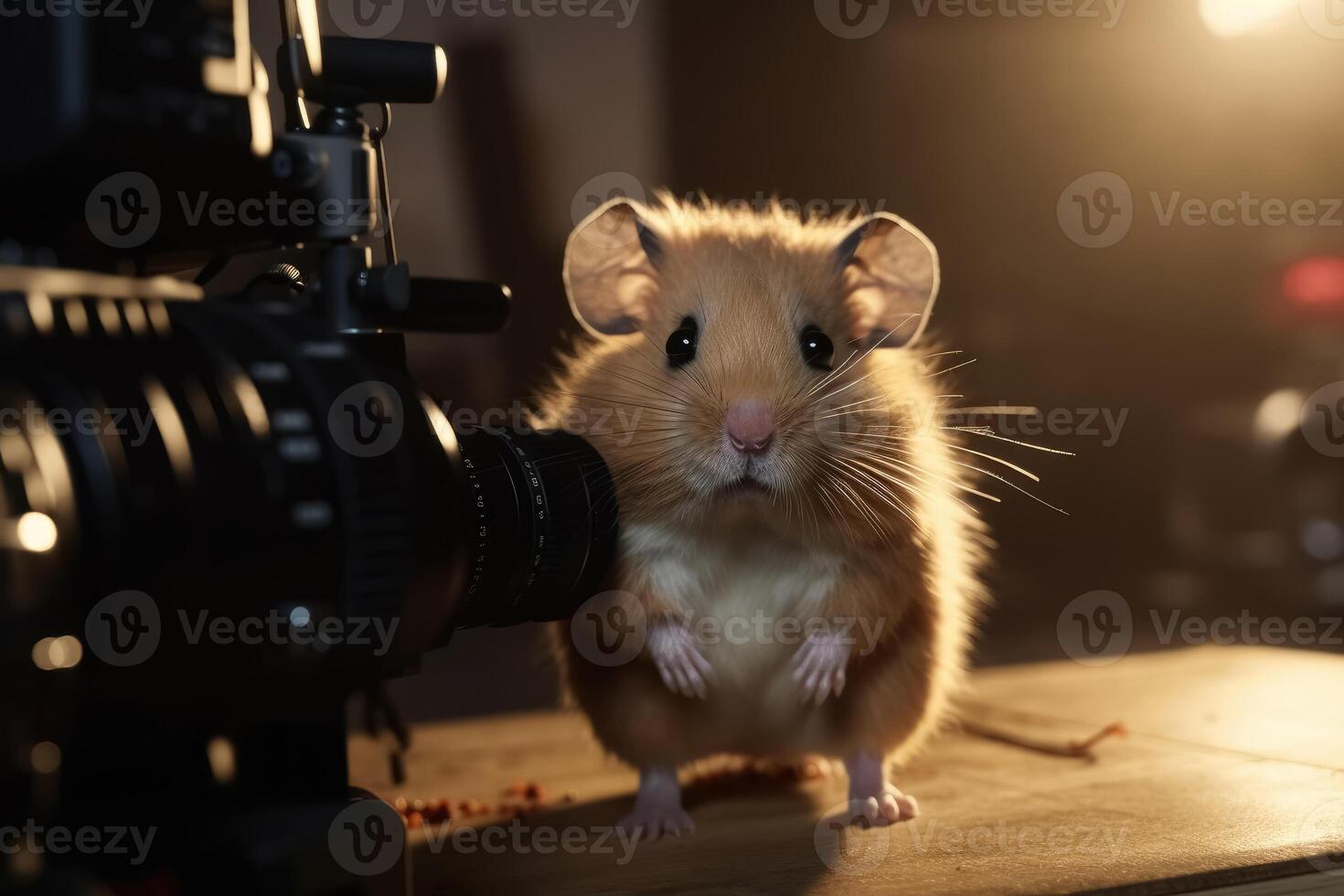 uma fofa hamster carrinhos direito e parece excitadamente para dentro a Câmera criada com generativo ai tecnologia. foto