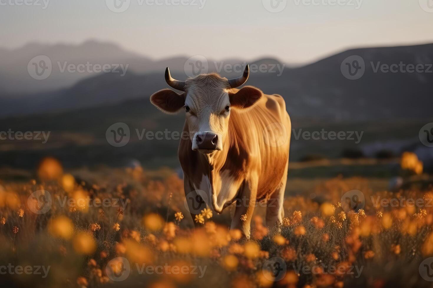 uma vaca em uma campo com alguns flores criada com generativo ai tecnologia. foto