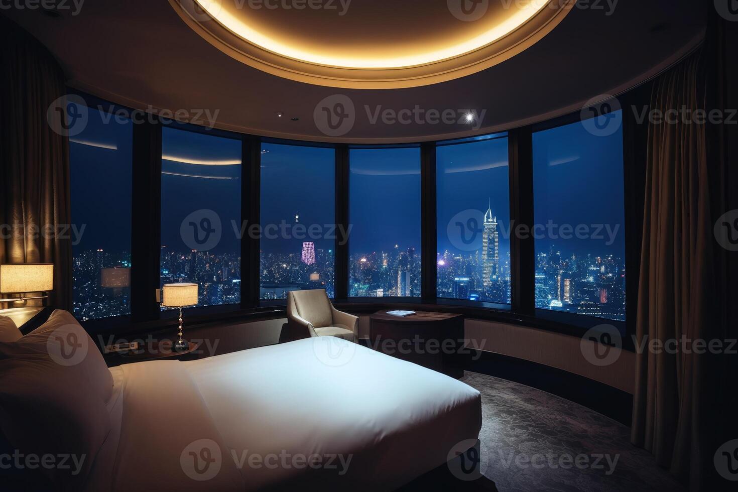 luxo hotel quarto às noite com uma metrópole atrás a janela criada com generativo ai tecnologia. foto