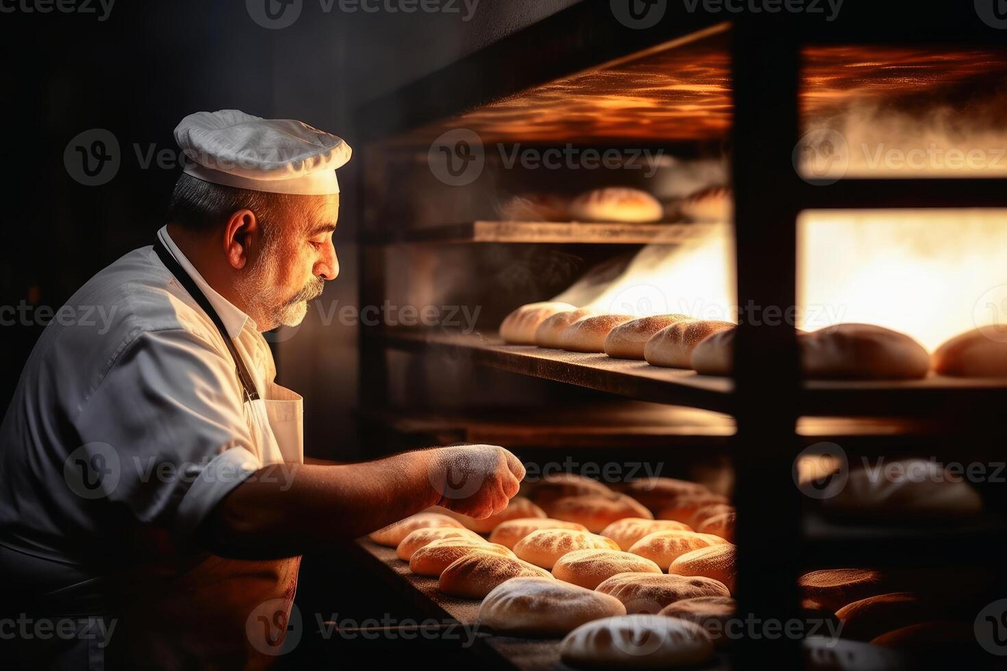 uma padeiro cozimento pão dentro uma padaria criada com generativo ai tecnologia. foto