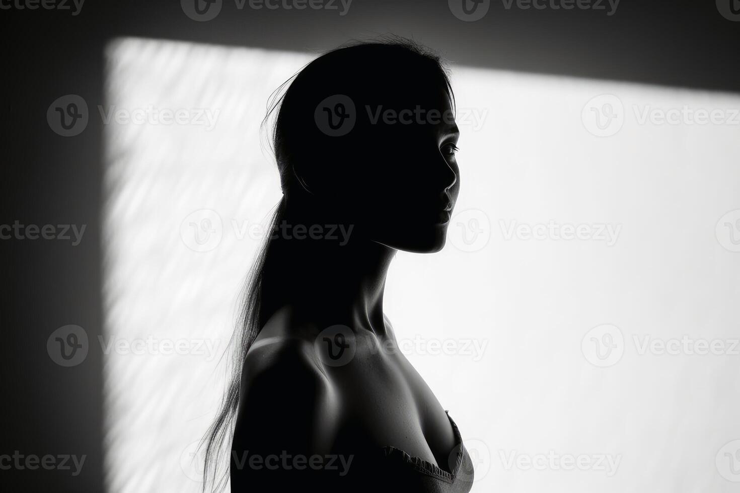 uma mulher dentro luz e sombra dentro Preto e branco criada com generativo ai tecnologia. foto