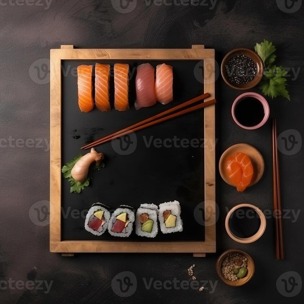 recentemente fez Sushi rolos isolado em uma Preto fundo, perfeito para Comida temático projetos. Comida poster modelo. generativo ai foto