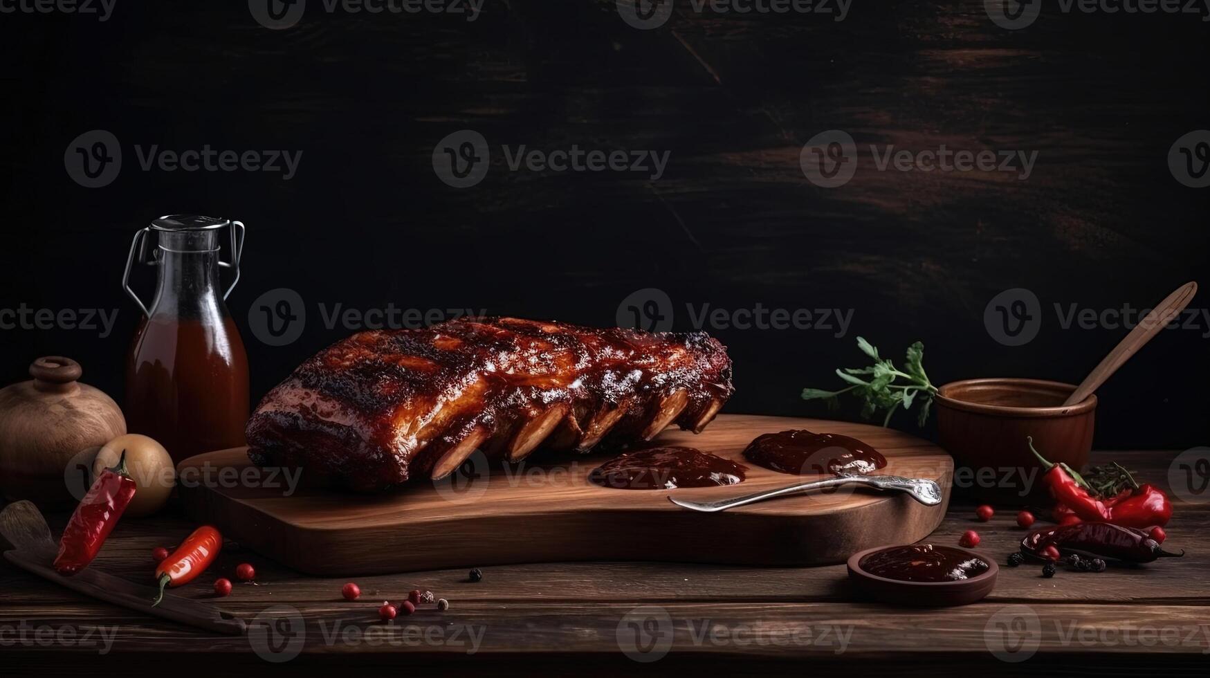 suculento e delicioso grelhado carne de porco costelas em uma de madeira borda com molho e verdes, em uma Sombrio natural fundo. esvaziar espaço para texto. generativo ai. foto