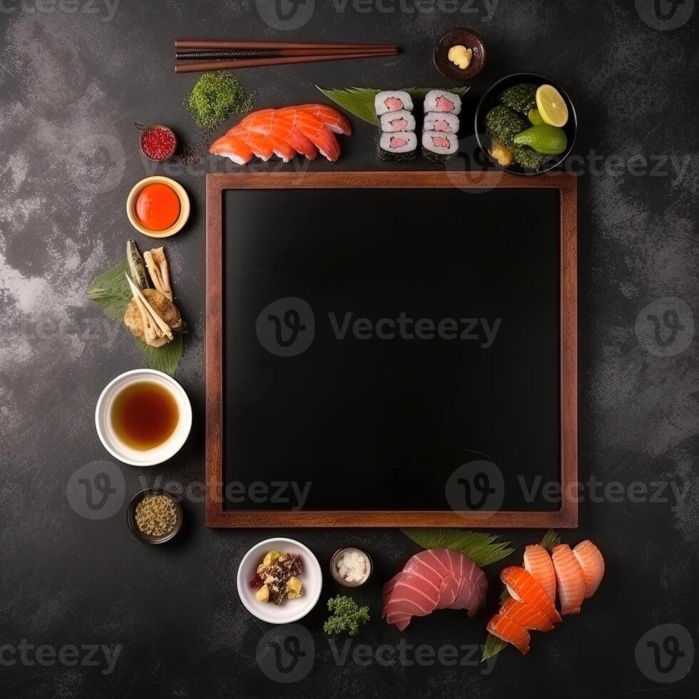 recentemente fez Sushi rolos isolado em uma Preto fundo, perfeito para Comida temático projetos. Comida poster modelo. generativo ai foto