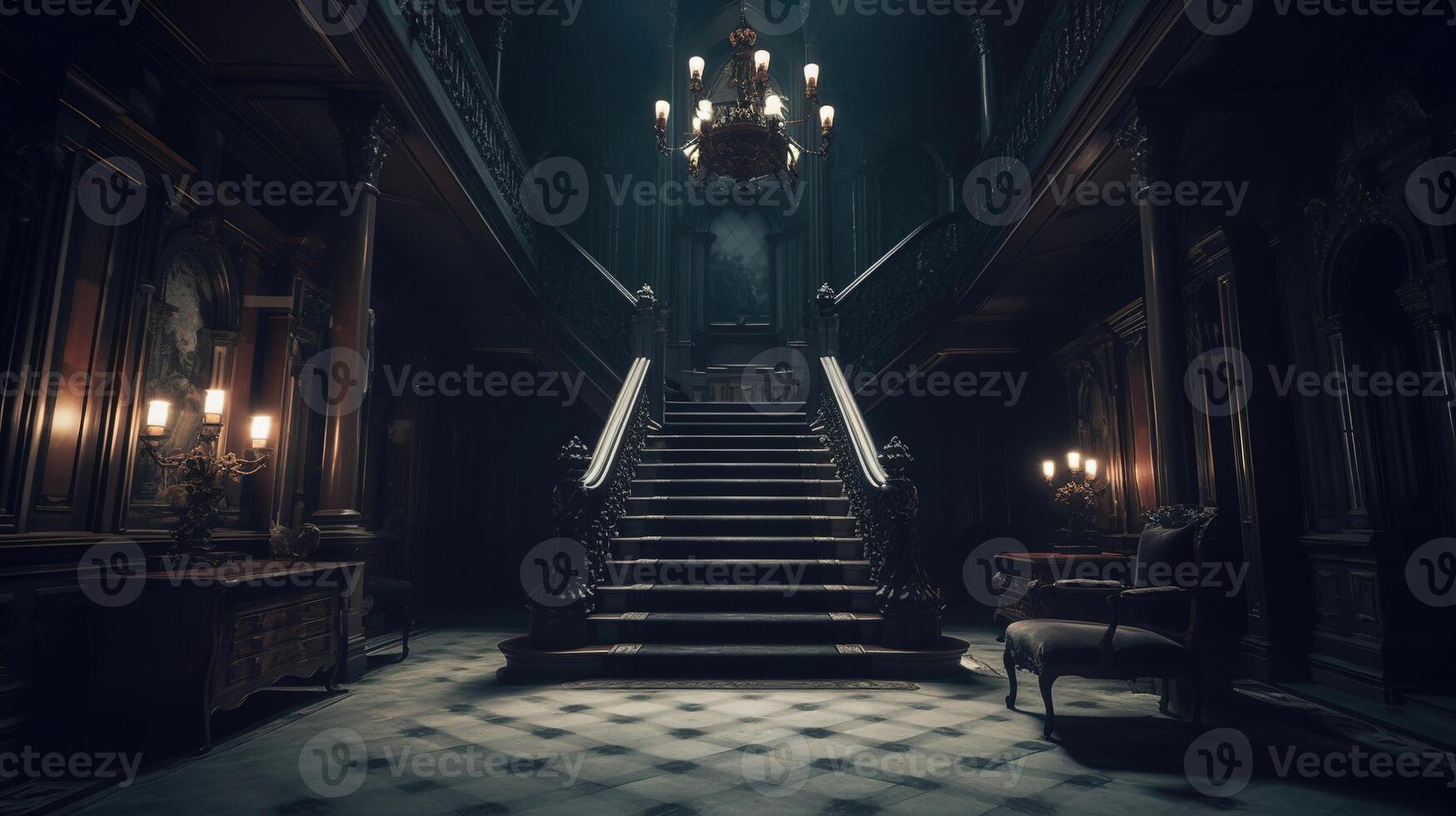 Sombrio gótico mansão corredor dentro vitoriano estilo interior com Escadaria e luminária titulares. ai gerado foto