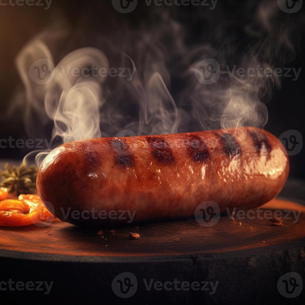 suculento grelhado linguiça em uma Sombrio fundo, esfumaçado sabor e de dar água na boca aroma. perfeito para qualquer churrasco poster. generativo ai foto