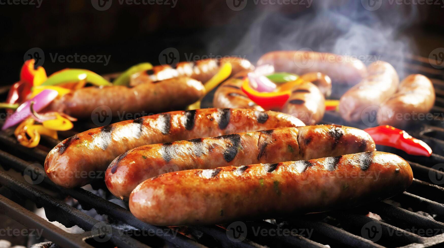 grelhado salsichas e legumes em uma flamejante churrasco grade. uma delicioso Comida poster para verão jantar. generativo ai foto